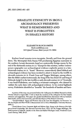 Elizabeth Bloch-Smith, “Israelite Ethnicity in Iron I: Archaeology