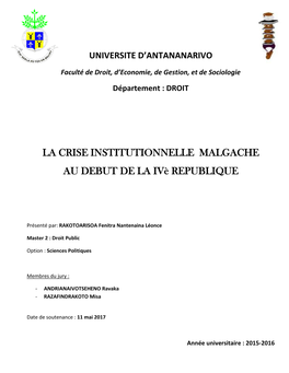 La Crise Institutionnelle Malgache Au Debut De La Ivè Republique