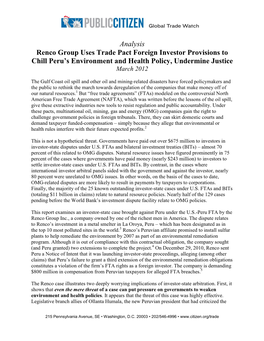 Analysis Renco Group Uses Trade Pact Foreign Investor Provisions to Chill Peru’S Environment and Health Policy, Undermine Justice March 2012