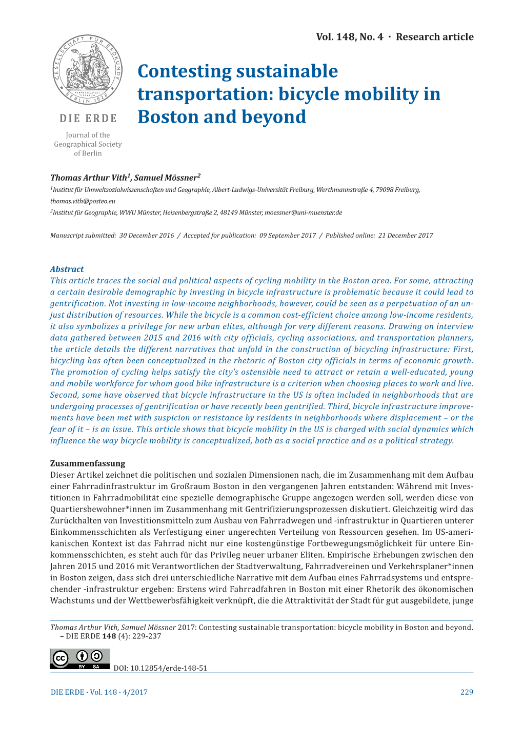 Contesting Sustainable Transportation: Bicycle Mobility in Boston and Beyond