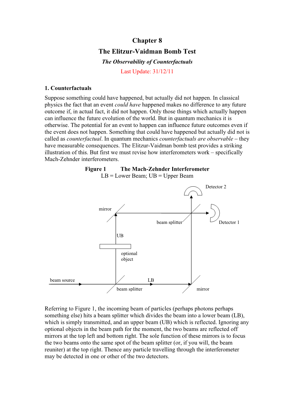 Chapter 8 the Elitzur-Vaidman Bomb Test the Observability of Counterfactuals Last Update: 31/12/11