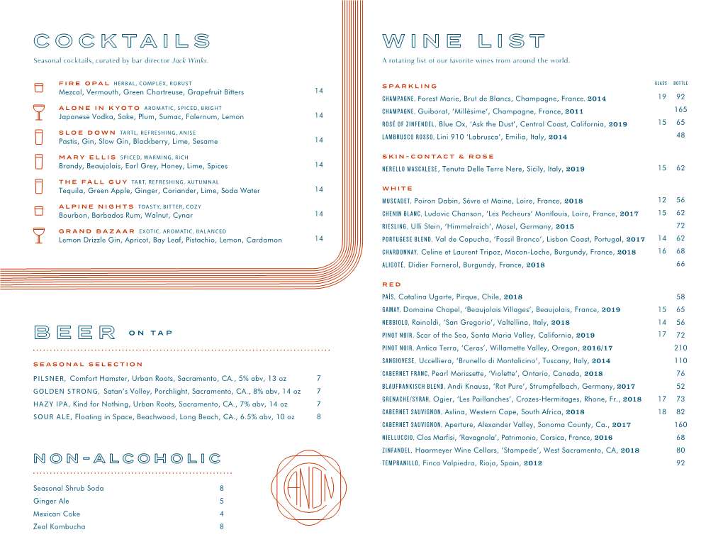 COCKTAILS WINE LIST Seasonal Cocktails, Curated by Bar Director Jack Winks