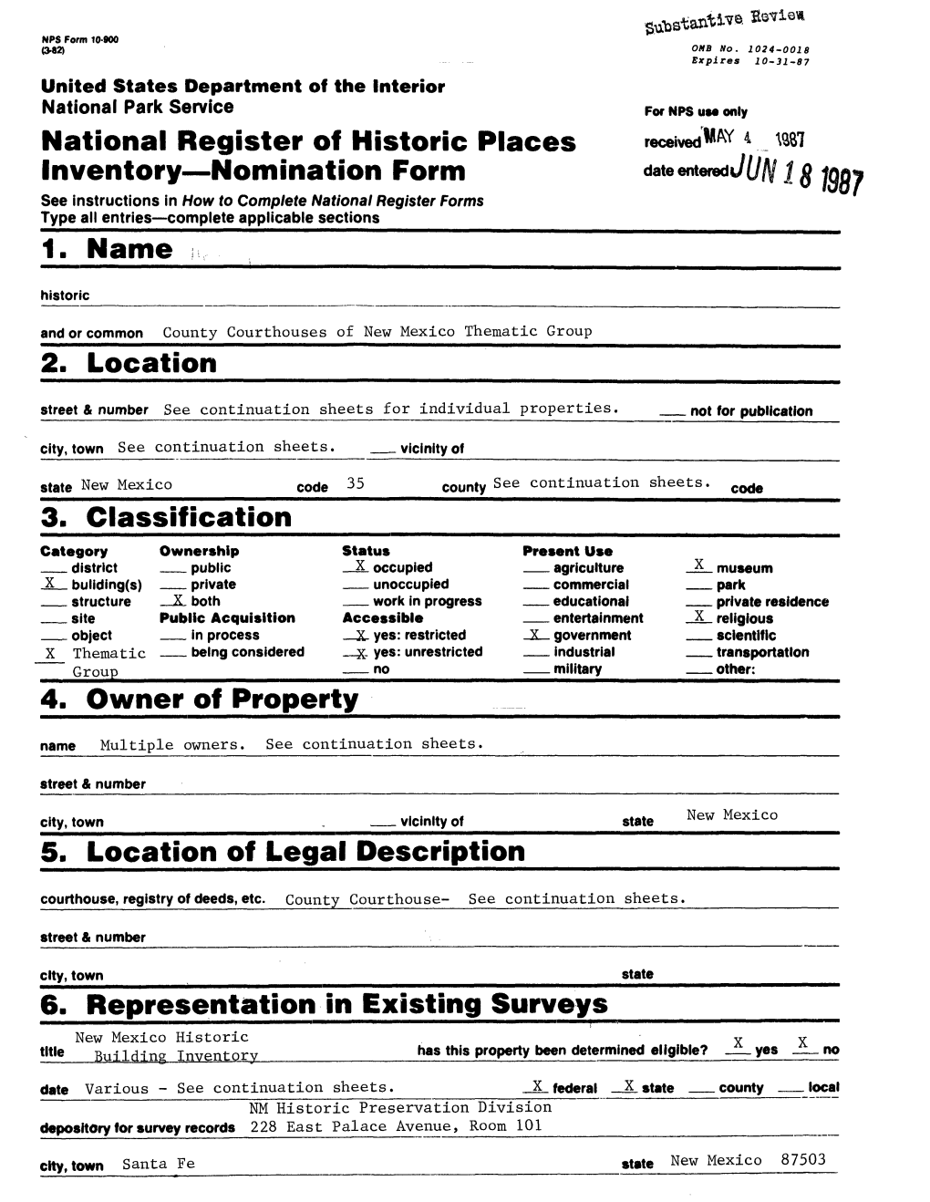 County Courthouses of New Mexico TR State Chaves County and Others T *™^ Sutotantlvat*S * 7 Nomination/Type of Review Date/Signature