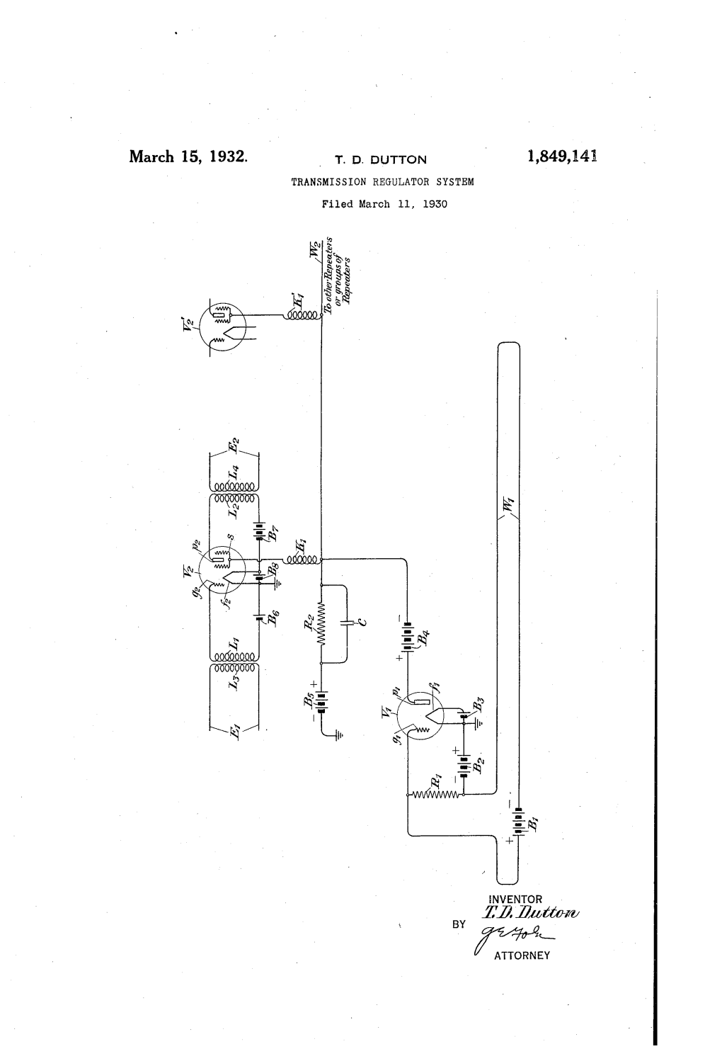 March 15, 1932. T D, DUTTQN 1,849,141 TRANSMISSION REGULATOR SYSTEM Filed March 11, 1930