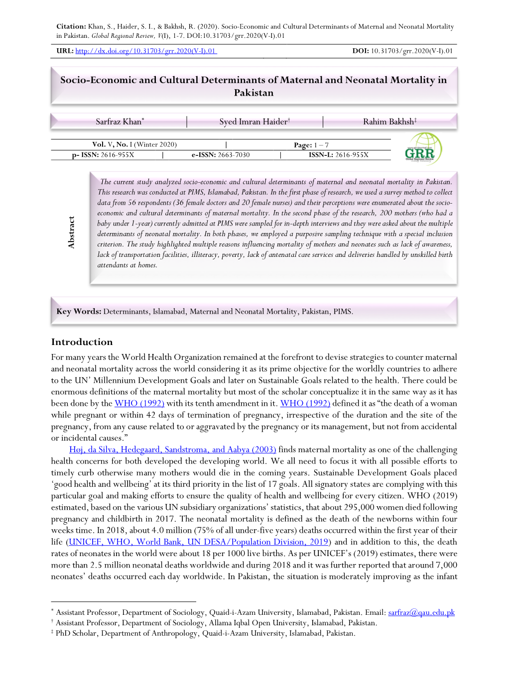 Socio-Economic and Cultural Determinants of Maternal and Neonatal Mortality in Pakistan