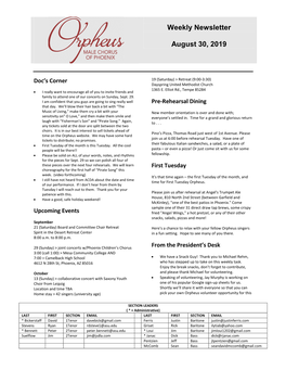 Weekly Newsletter August 30, 2019