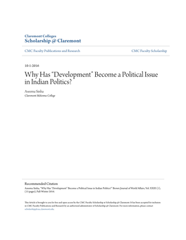 Why Has “Development” Become a Political Issue in Indian Politics? Aseema Sinha Claremont Mckenna College