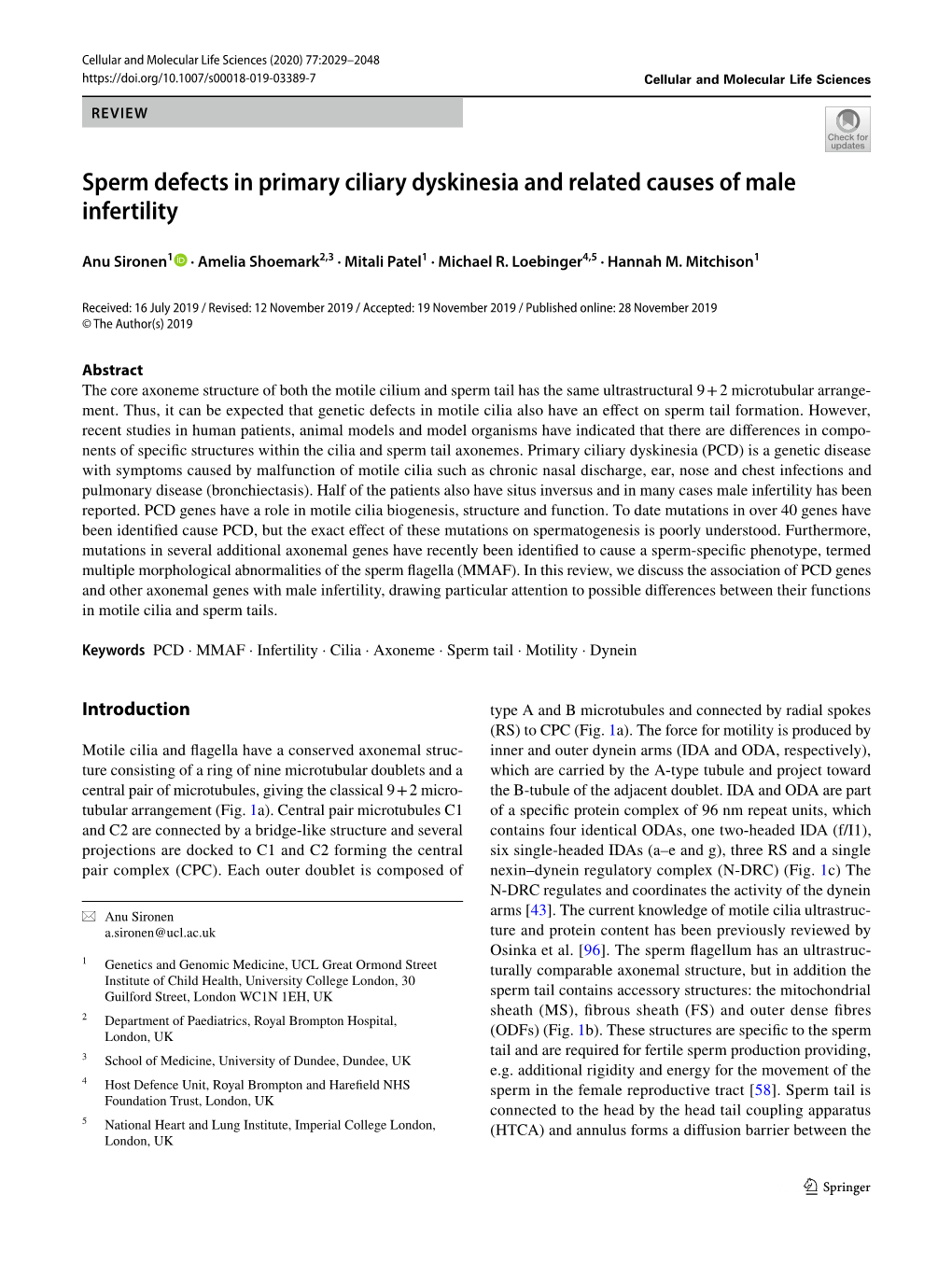 Sperm Defects in Primary Ciliary Dyskinesia and Related Causes of Male Infertility