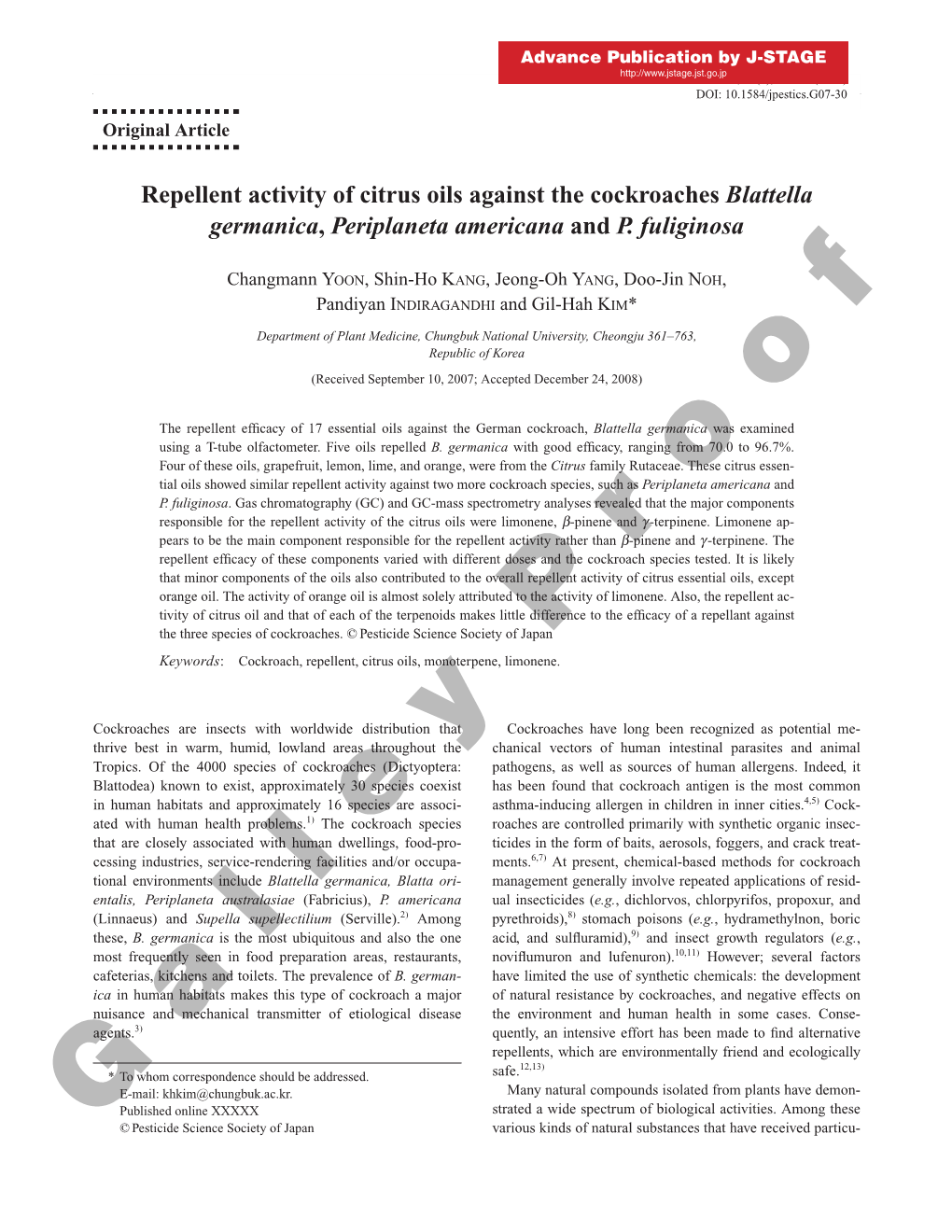 Repellent Activity of Citrus Oils Against the Cockroaches Blattella Germanica, Periplaneta Americana and P