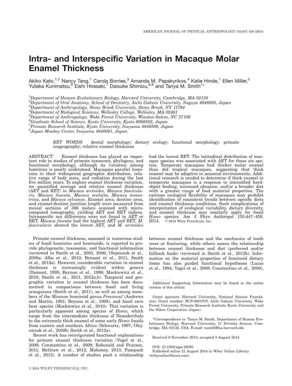 Intra and Interspecific Variation in Macaque Molar Enamel Thickness