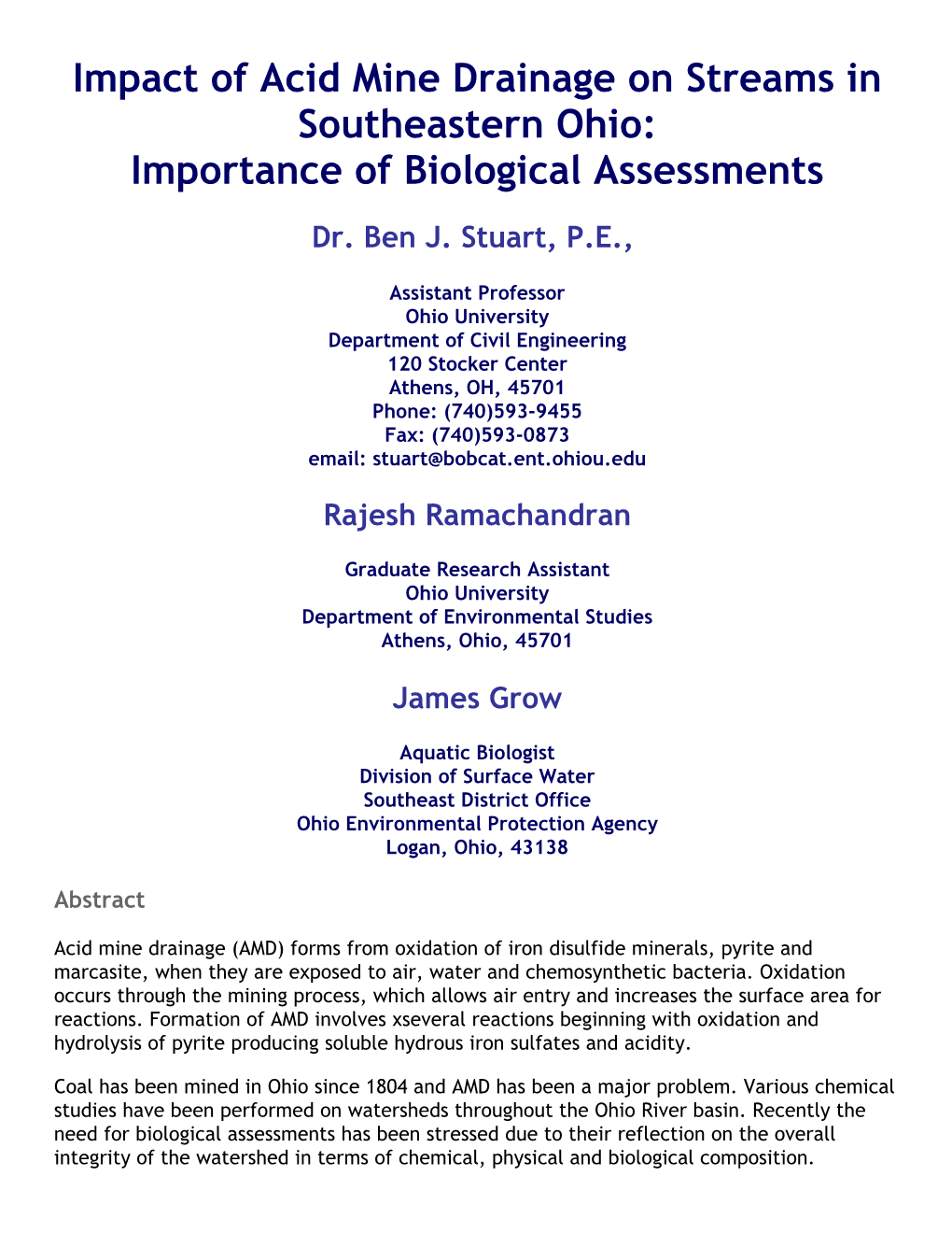 Impact of Acid Mine Drainage on Streams in Southeastern Ohio: Importance of Biological Assessments
