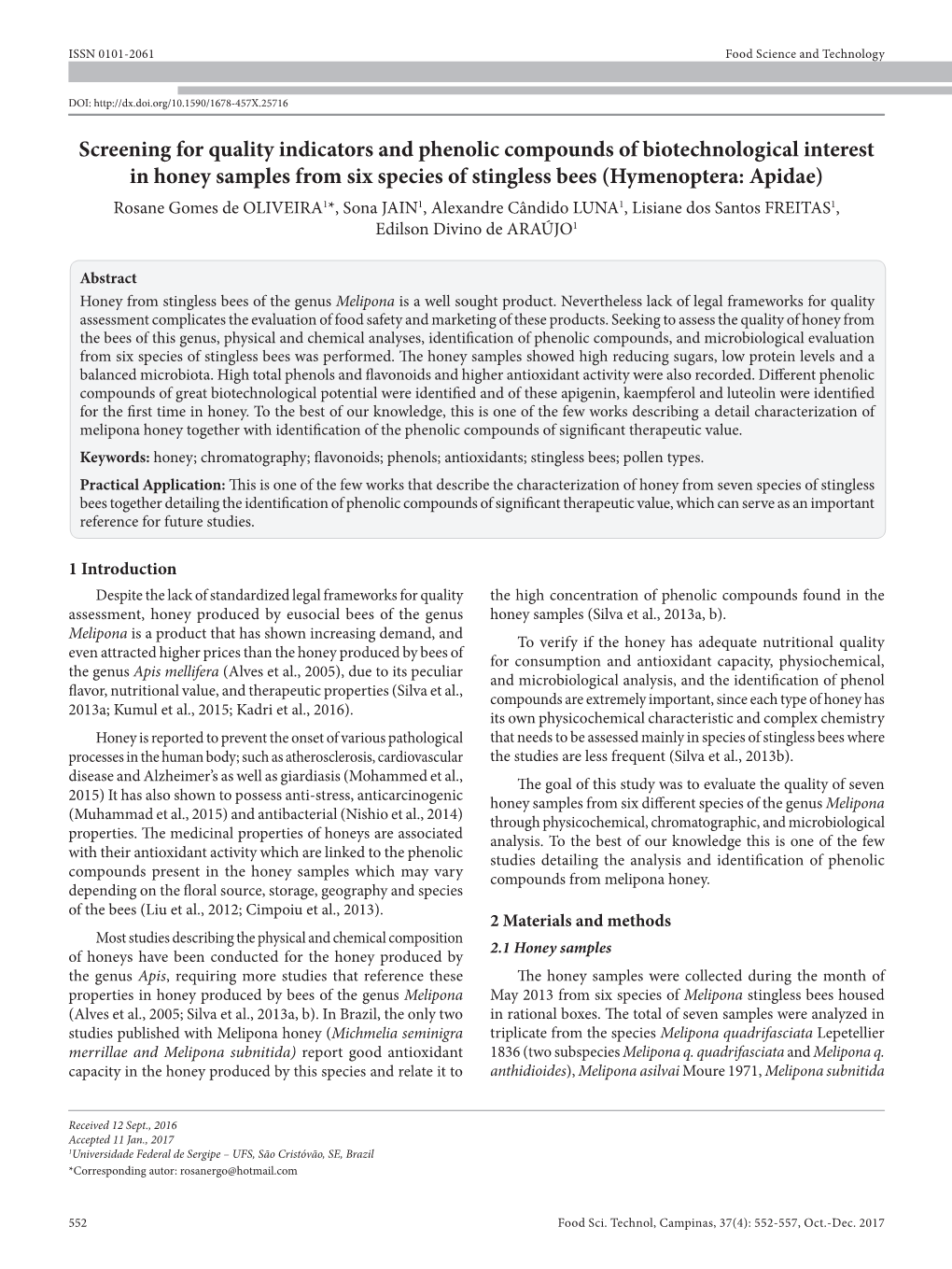 Screening for Quality Indicators and Phenolic Compounds Of