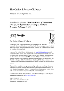 Online Library of Liberty: the Chief Works of Benedict De Spinoza, Vol 1 (Tractatus-Theologico- Politicus, Tractatus Politicus)