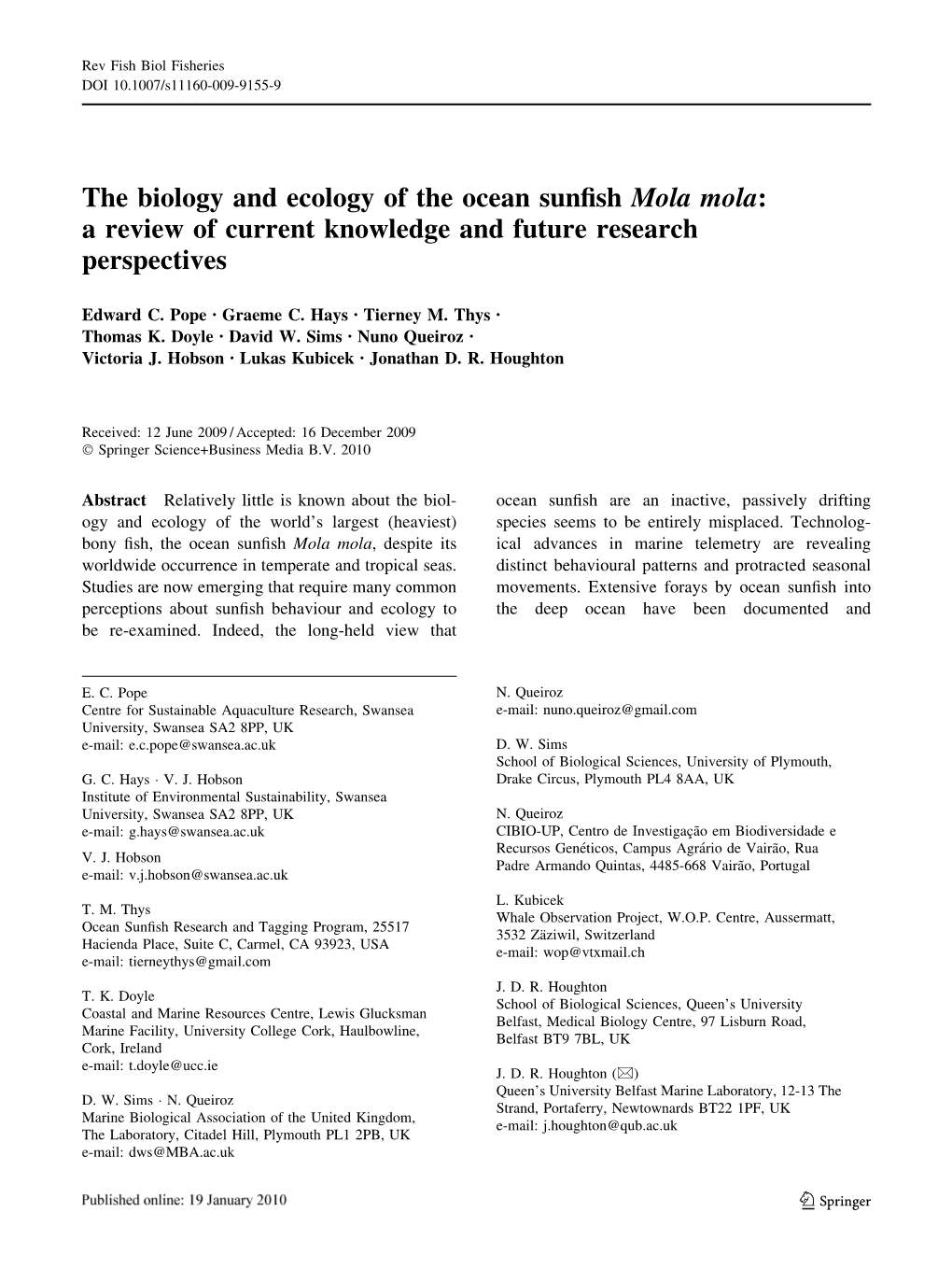 The Biology and Ecology of the Ocean Sunfish Mola Mola: a Review Of