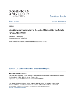 Irish Women's Immigration to the United States After the Potato Famine, 1860-1900