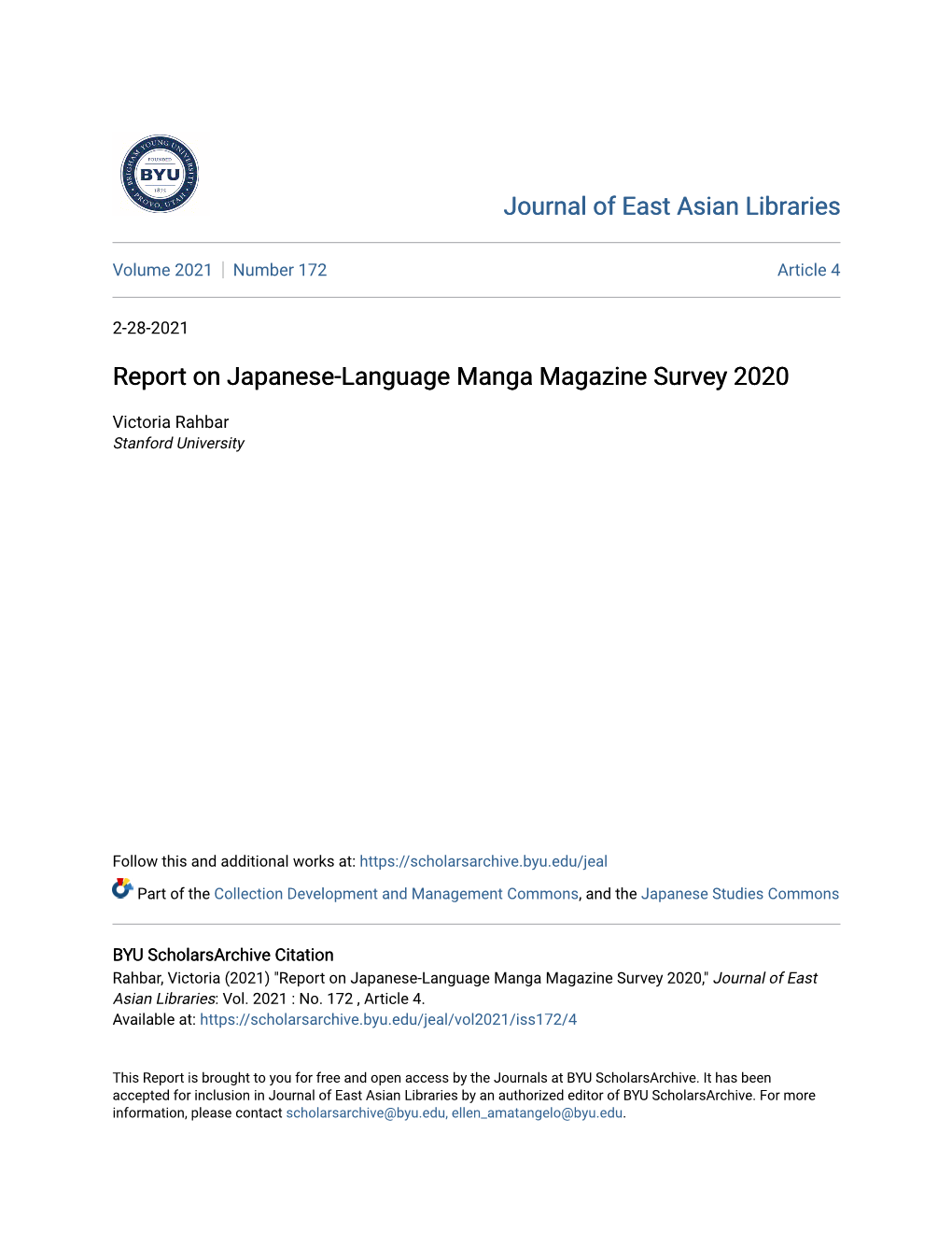 Report on Japanese-Language Manga Magazine Survey 2020