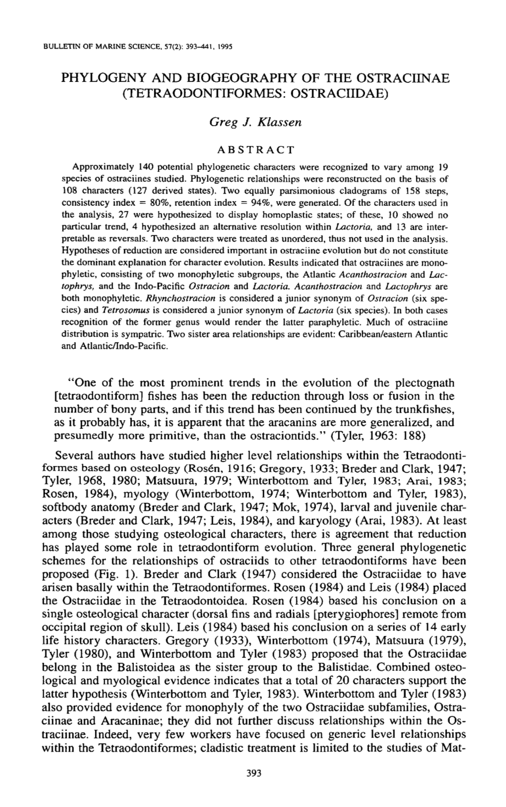 Phylogeny and Biogeography of the Ostraciinae (Tetraodontiformes: Ostraciidae)