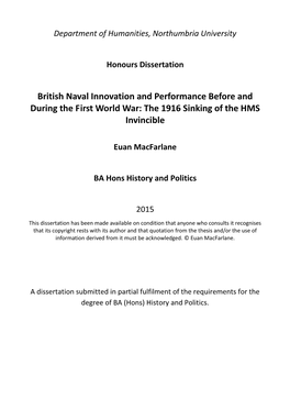 British Naval Innovation and Performance Before and During the First World War: the 1916 Sinking of the HMS Invincible
