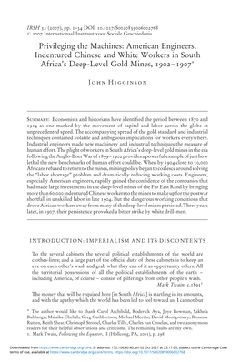 Privileging the Machines: American Engineers, Indentured Chinese and White Workers in South Africa’S Deep-Level Gold Mines, 1902–1907Ã