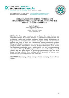Social Cataloguing Sites: Features and Implications for Cataloguing Practice and the Public Library Catalogue