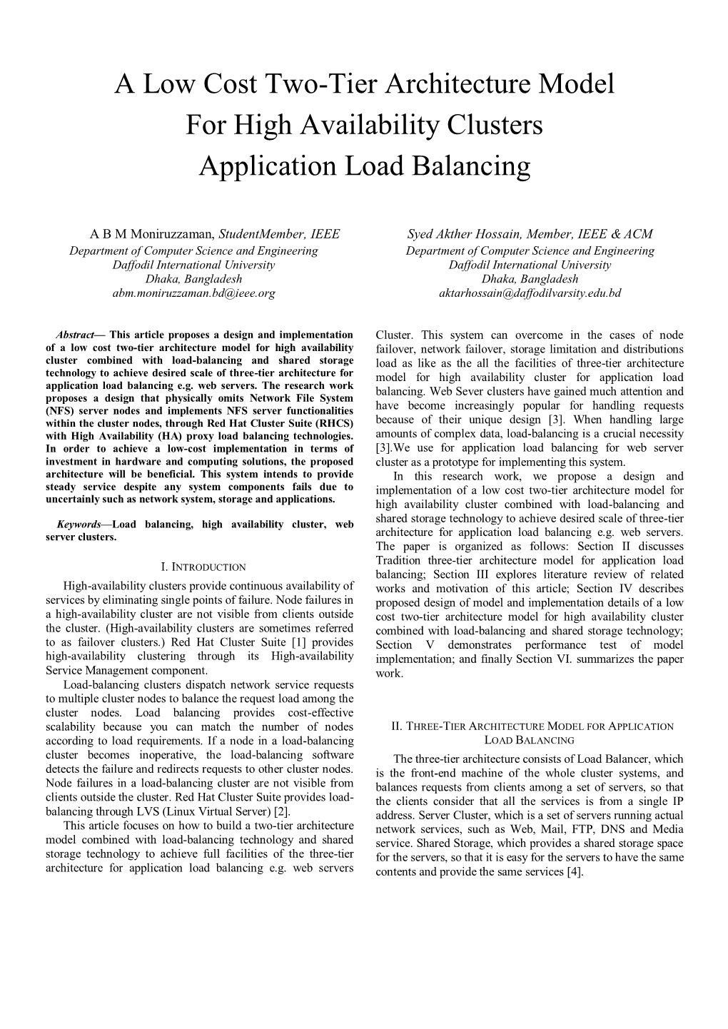 A Low Cost Two-Tier Architecture Model for High Availability Clusters Application Load Balancing