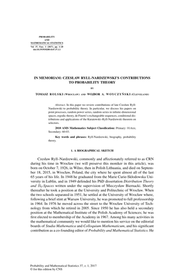 In Memoriam: Czesław Ryll-Nardzewski's Contributions to Probability Theory