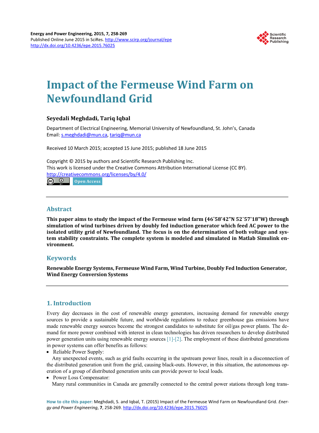 Impact of the Fermeuse Wind Farm on Newfoundland Grid