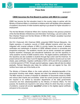 Press Note CBSE Becomes the First Board to Partner with MEA for E