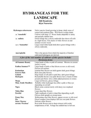 HYDRANGEAS for the LANDSCAPE Bill Hendricks Klyn Nurseries