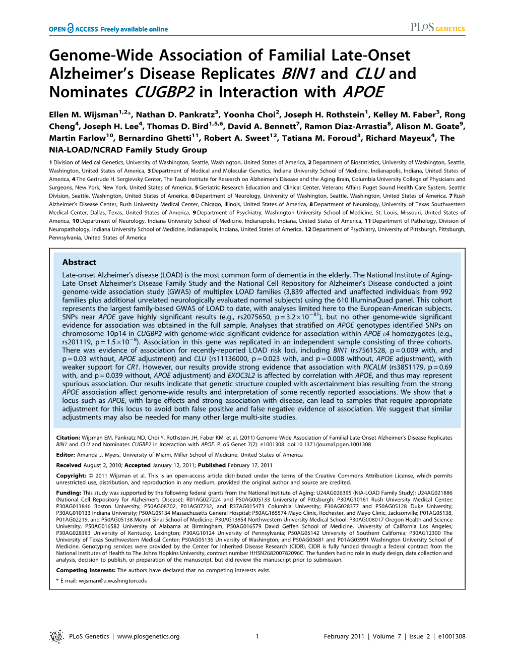 Genome-Wide Association of Familial Late-Onset Alzheimer's Disease Replicates BIN1 and CLU and Nominates CUGBP2 in Interaction