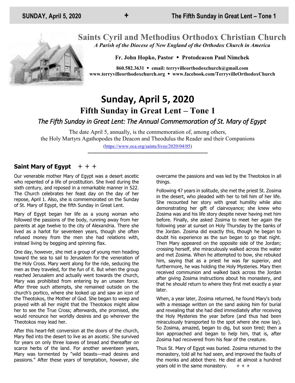 SUNDAY, April 5, 2020 + the Fifth Sunday in Great Lent – Tone 1