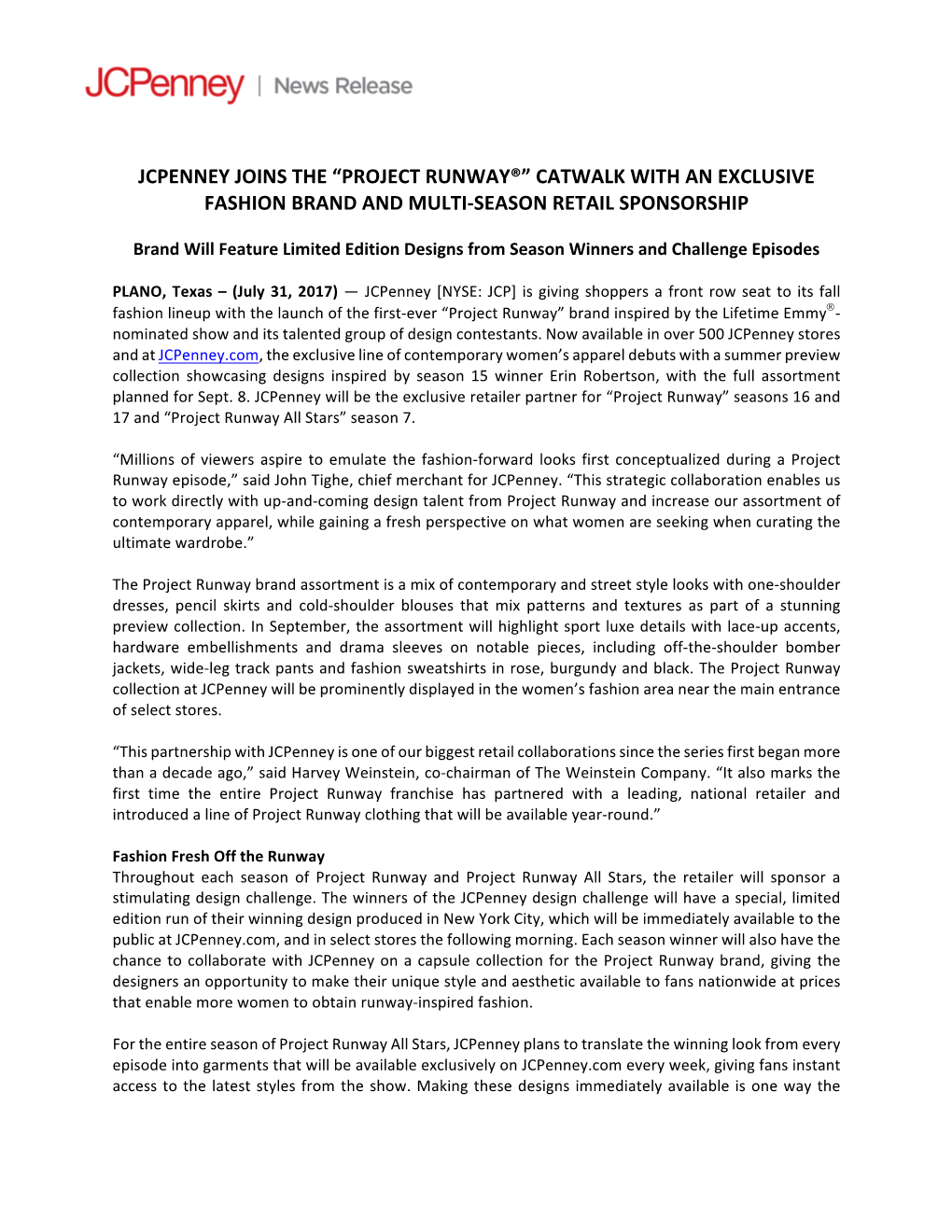 Jcpenney Joins the “Project Runway®” Catwalk with an Exclusive Fashion Brand and Multi-Season Retail Sponsorship