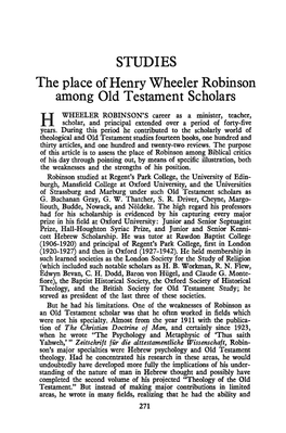 STUDIES the Place of Henry Wheeler Robinson Among Old Testament Scholars
