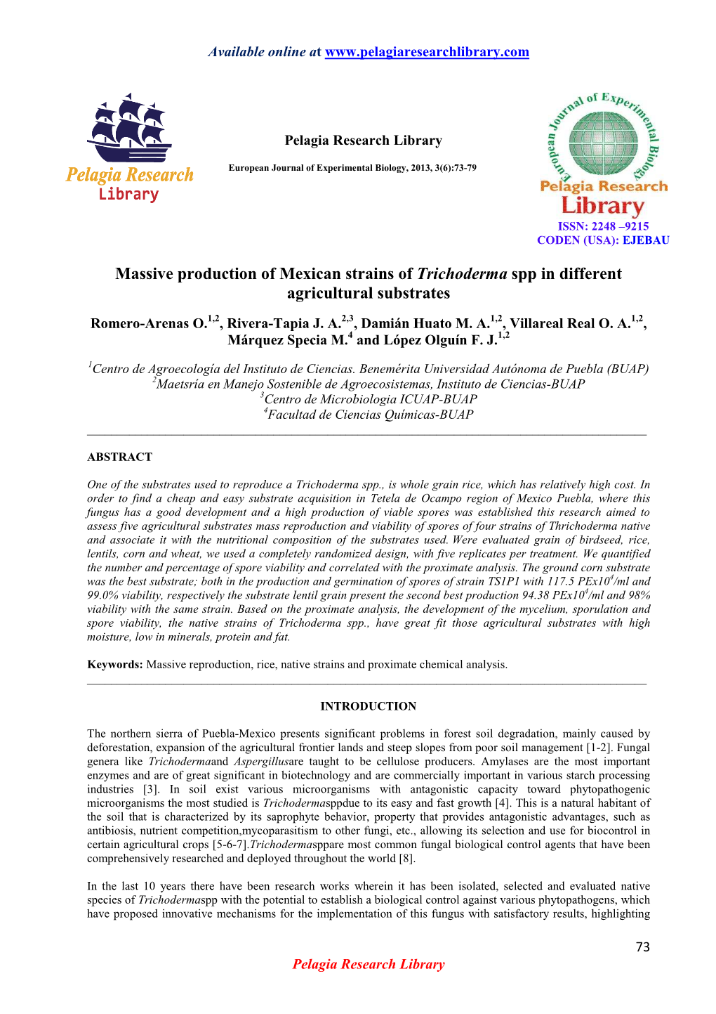 Massive Production of Mexican Strains of Trichoderma Spp in Different Agricultural Substrates