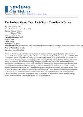 The Jacobean Grand Tour: Early Stuart Travellers in Europe