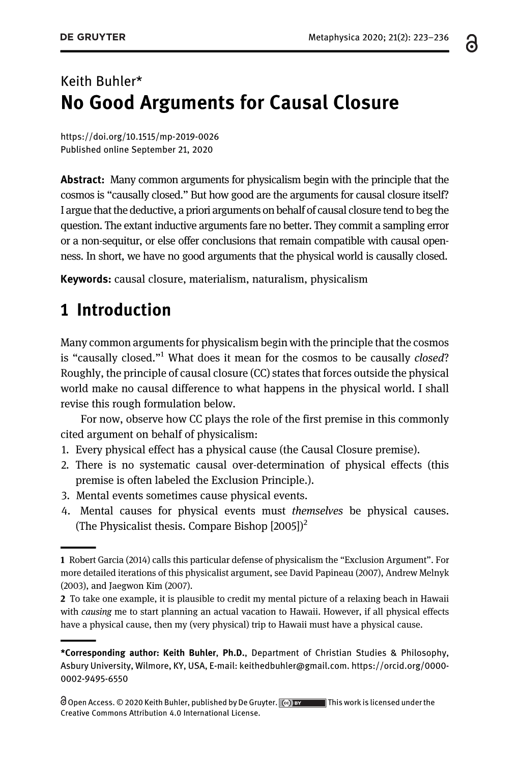 No Good Arguments for Causal Closure Published Online September 21, 2020