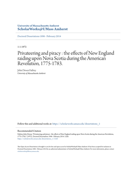 Privateering and Piracy : the Effects of New England Raiding Upon Nova Scotia During the American Revolution, 1775-1783