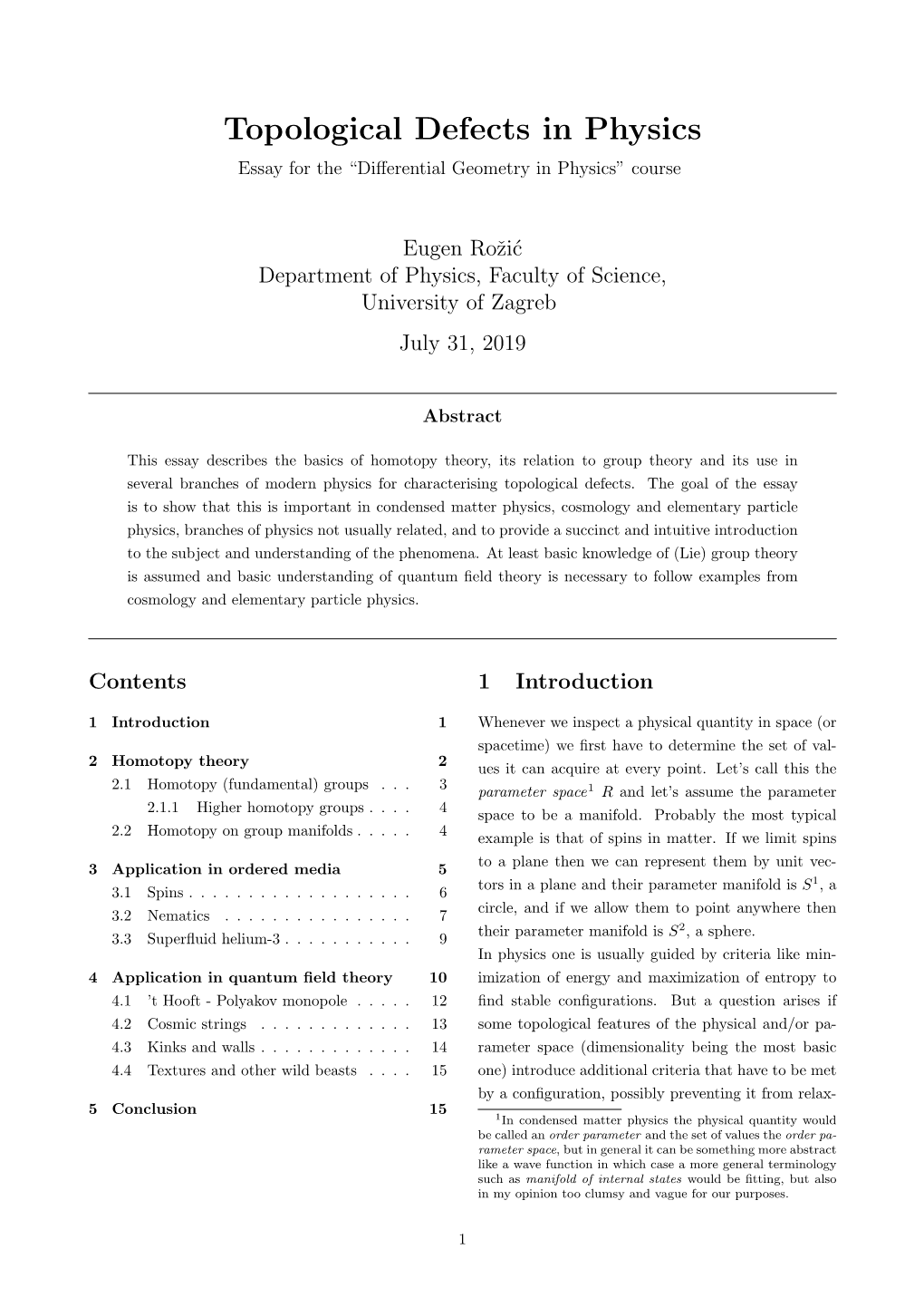 Topological Defects in Physics Essay for the “Diﬀerential Geometry in Physics” Course