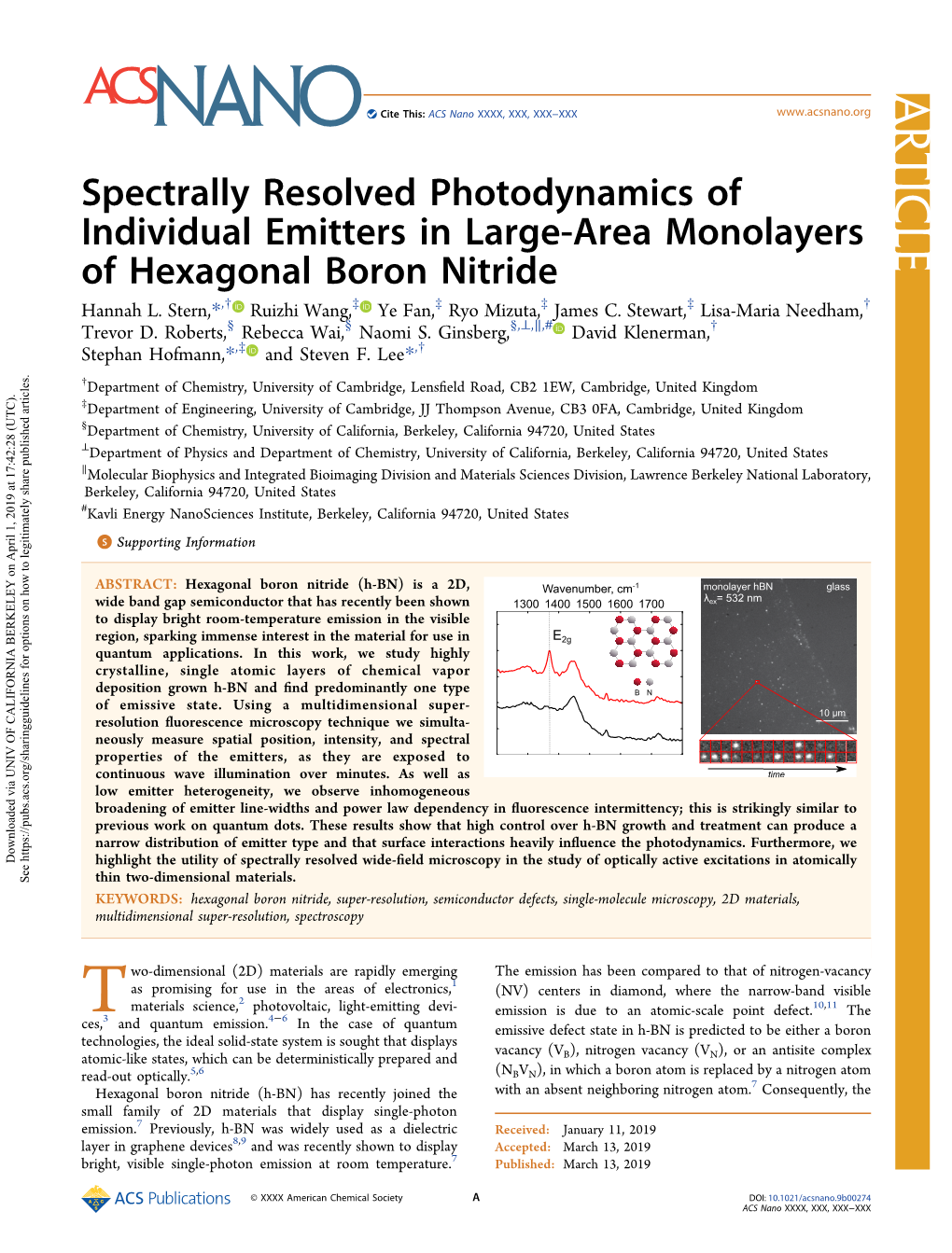 Spectrally Resolved Photodynamics of Individual Emitters in Large-Area Monolayers of Hexagonal Boron Nitride † ‡ ‡ ‡ ‡ † Hannah L