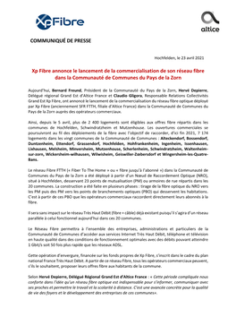 Xp Fibre Annonce Le Lancement De La Commercialisation De Son Réseau Fibre Dans La Communauté De Communes Du Pays De La Zorn