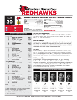 Redhawks Game Murray State (14-14, 8-6 Ovc) Vs