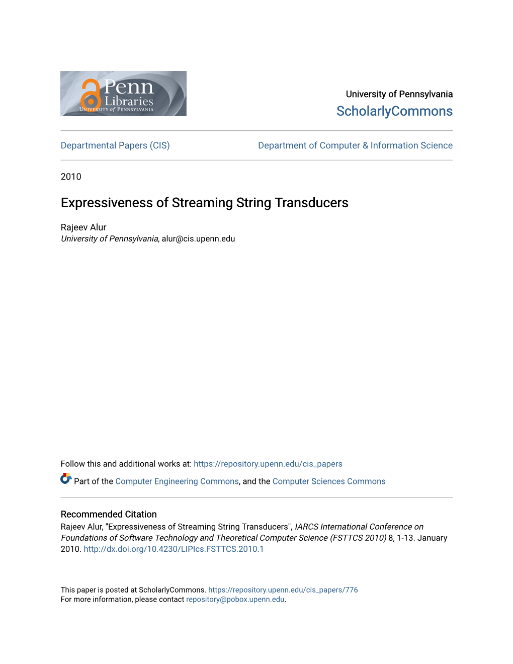 Expressiveness of Streaming String Transducers