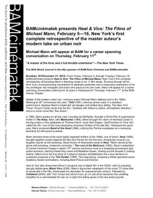 Bamcinématek Presents Heat & Vice: the Films of Michael Mann, February 5—16, New York's First Complete Retrospective Of