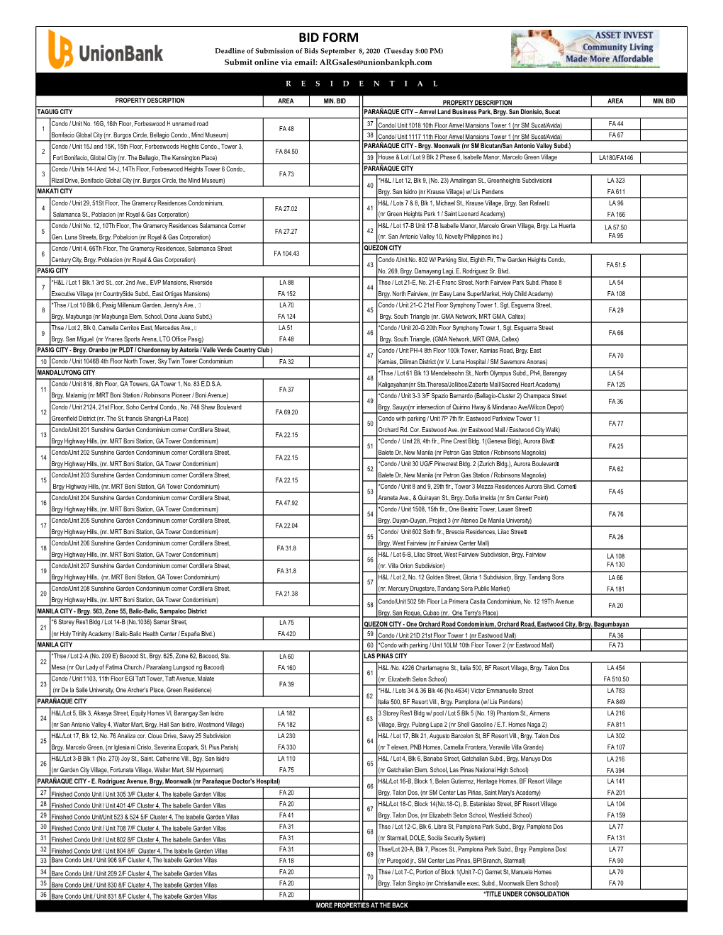 BID FORM Deadline of Submission of Bids September 8, 2020 (Tuesday 5:00 PM) Submit Online Via Email: Argsales@Unionbankph.Com