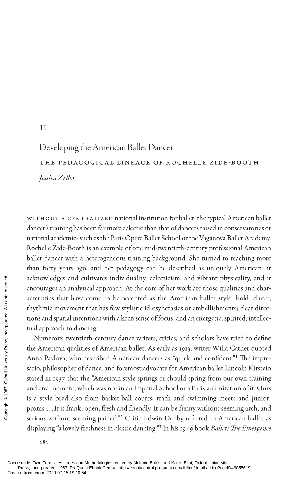 Developing the American Ballet Dancer the Pedagogical Lineage of Rochelle Zide-Booth Jessica Zeller