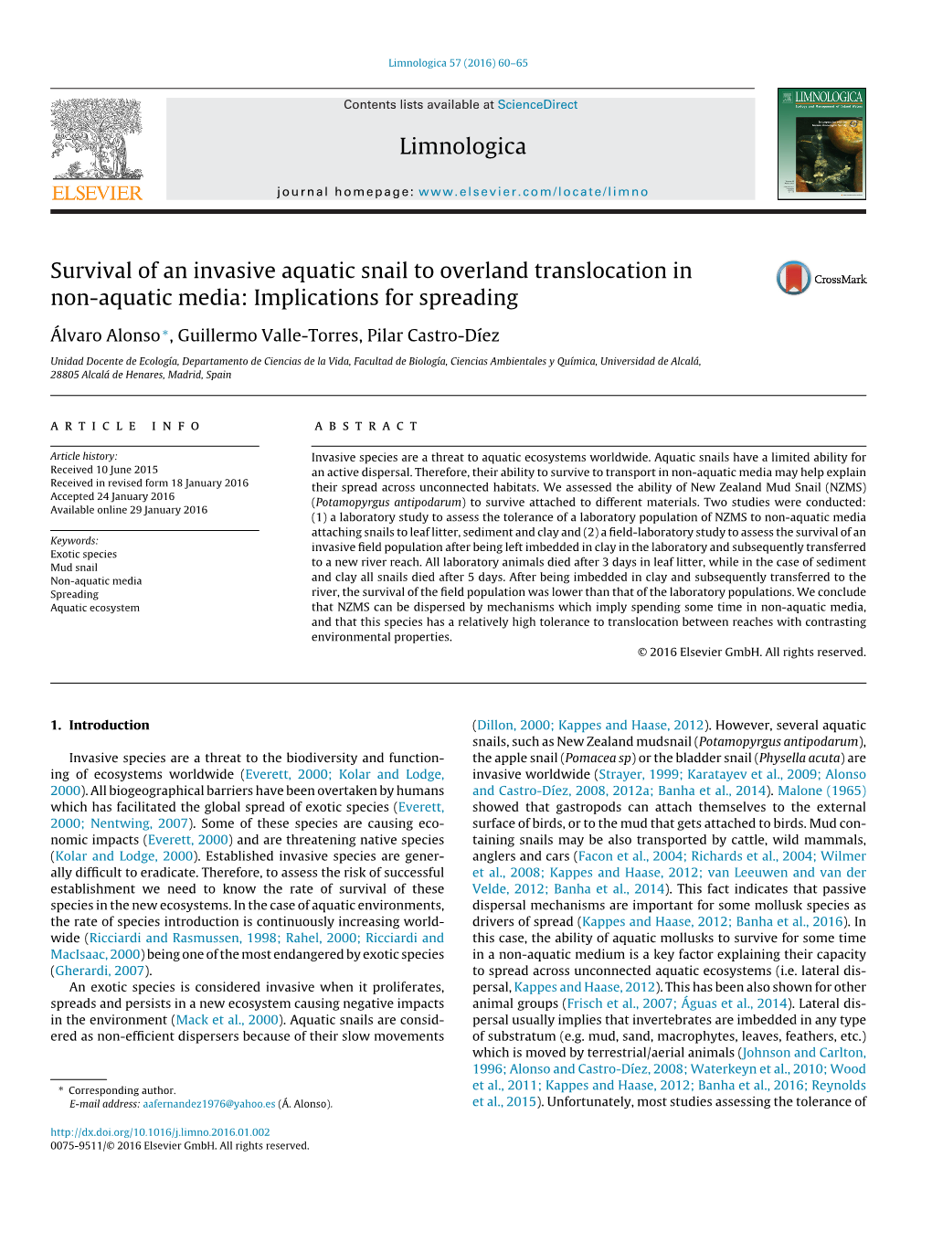 Survival of an Invasive Aquatic Snail to Overland Translocation in Non