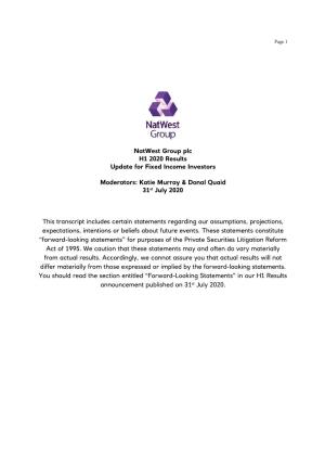 Natwest Group Plc H1 2020 Results Update for Fixed Income Investors