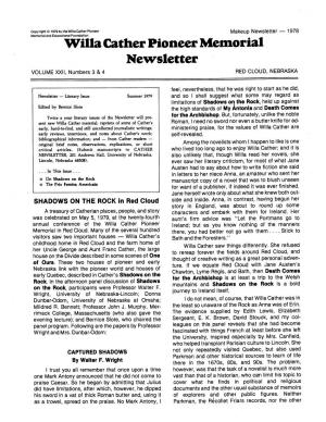 Villa Cather Pioneer Memorial Newsletter VOLUME XXII, Numbers 3 & 4 RED CLOUD, NEBRASKA
