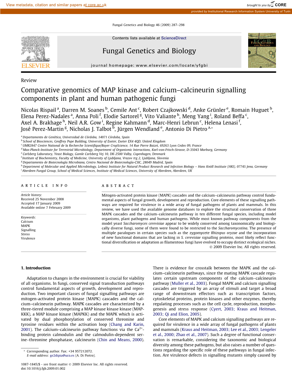 Comparative Genomics of MAP Kinase and Calcium–Calcineurin Signalling Components in Plant and Human Pathogenic Fungi