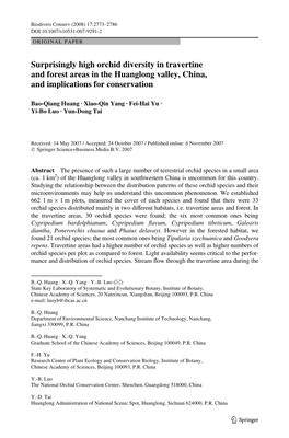 Surprisingly High Orchid Diversity in Travertine and Forest Areas in the Huanglong Valley, China, and Implications for Conservation